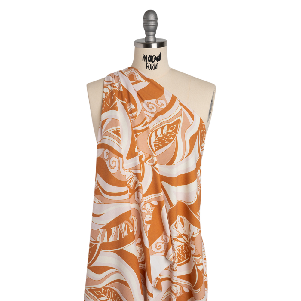 Stretch Nylon Swimwear Tricot – Caramel, Cream and Pale Pink Retro Swirls and Leaves – Designer Deadstock Stretch Nylon Swimwear Tricot – Caramel, Cream and Pale Pink Retro Swirls and Leaves – Designer Deadstock