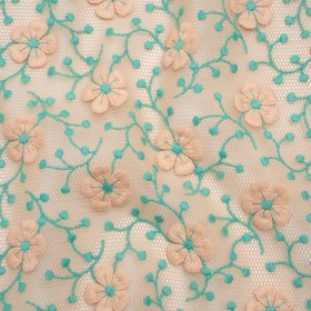 3D Embroidered Spacer Mesh – Peach and Turquoise Floral Vines – Designer Deadstock 3D Embroidered Spacer Mesh – Peach and Turquoise Floral Vines – Designer Deadstock