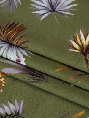 Stretch Nylon Jersey – Olive Green, Yellow and Orange Palm Leaves and Orchids – Designer Deadstock Stretch Nylon Jersey – Olive Green, Yellow and Orange Palm Leaves and Orchids – Designer Deadstock