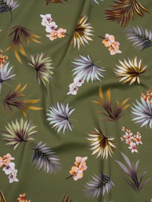 Stretch Nylon Jersey – Olive Green, Yellow and Orange Palm Leaves and Orchids – Designer Deadstock Stretch Nylon Jersey – Olive Green, Yellow and Orange Palm Leaves and Orchids – Designer Deadstock