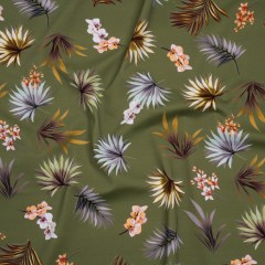 Stretch Nylon Jersey – Olive Green, Yellow and Orange Palm Leaves and Orchids – Designer Deadstock Stretch Nylon Jersey – Olive Green, Yellow and Orange Palm Leaves and Orchids – Designer Deadstock