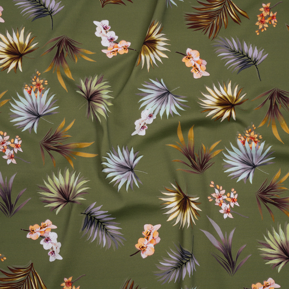 Stretch Nylon Jersey – Olive Green, Yellow and Orange Palm Leaves and Orchids – Designer Deadstock Stretch Nylon Jersey – Olive Green, Yellow and Orange Palm Leaves and Orchids – Designer Deadstock
