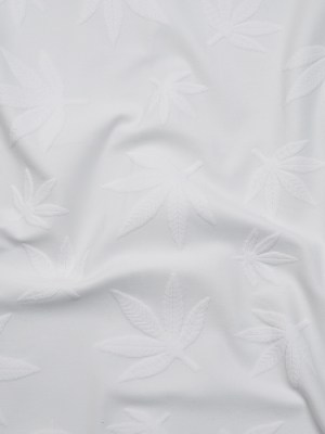 Stretch Polyester Jacquard Knit – White Scattered Leaves – Designer Deadstock Stretch Polyester Jacquard Knit – White Scattered Leaves – Designer Deadstock