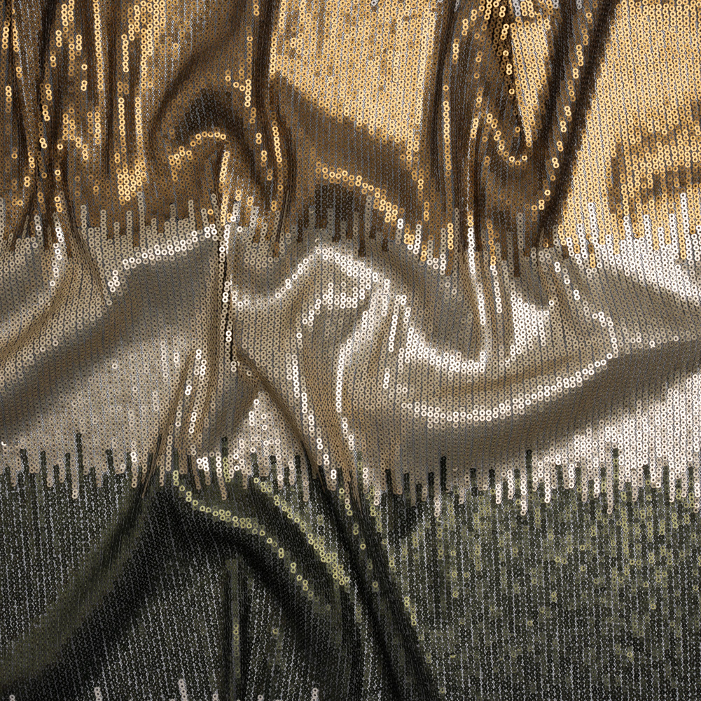 Baby Sequins on Black Stretch Mesh – Olive Green, Light Beige and Tan Ikat Stripes – Deadstock Baby Sequins on Black Stretch Mesh – Olive Green, Light Beige and Tan Ikat Stripes – Deadstock