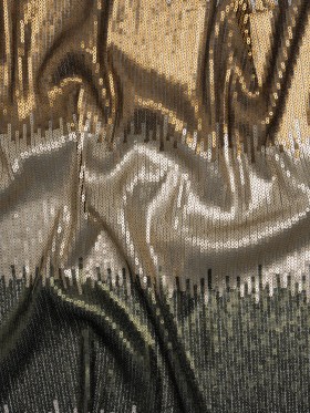 Baby Sequins on Black Stretch Mesh – Olive Green, Light Beige and Tan Ikat Stripes – Deadstock Baby Sequins on Black Stretch Mesh – Olive Green, Light Beige and Tan Ikat Stripes – Deadstock