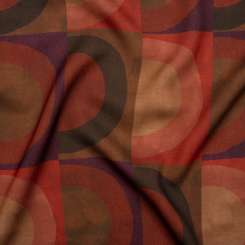 Polyester Crepe-Back Satin – Red, Brown and Purple Half Circle Blocks – Mood Exclusive Adobe Abode Print Polyester Crepe-Back Satin – Red, Brown and Purple Half Circle Blocks – Mood Exclusive Adobe Abode Print