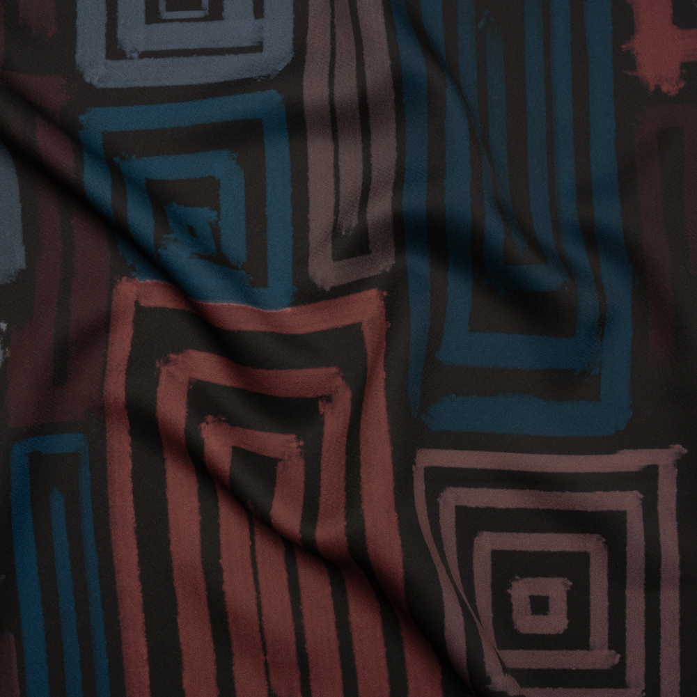 Polyester Crepe-Back Satin – Blue, Rose and Black Painterly Blocks – Mood Exclusive Spiral Fusion Print Polyester Crepe-Back Satin – Blue, Rose and Black Painterly Blocks – Mood Exclusive Spiral Fusion Print