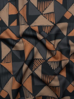 Polyester Crepe-Back Satin – Midnight, Taupe and Burnt Orange Painterly Triangles – Mood Exclusive Fractured Forms Print Polyester Crepe-Back Satin – Midnight, Taupe and Burnt Orange Painterly Triangles – Mood Exclusive Fractured Forms Print
