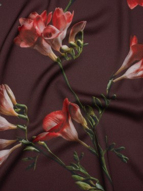 Polyester Crepe-Back Satin – Burgundy, Red and Green Floral – Mood Exclusive Amaryllis Affair Print Polyester Crepe-Back Satin – Burgundy, Red and Green Floral – Mood Exclusive Amaryllis Affair Print