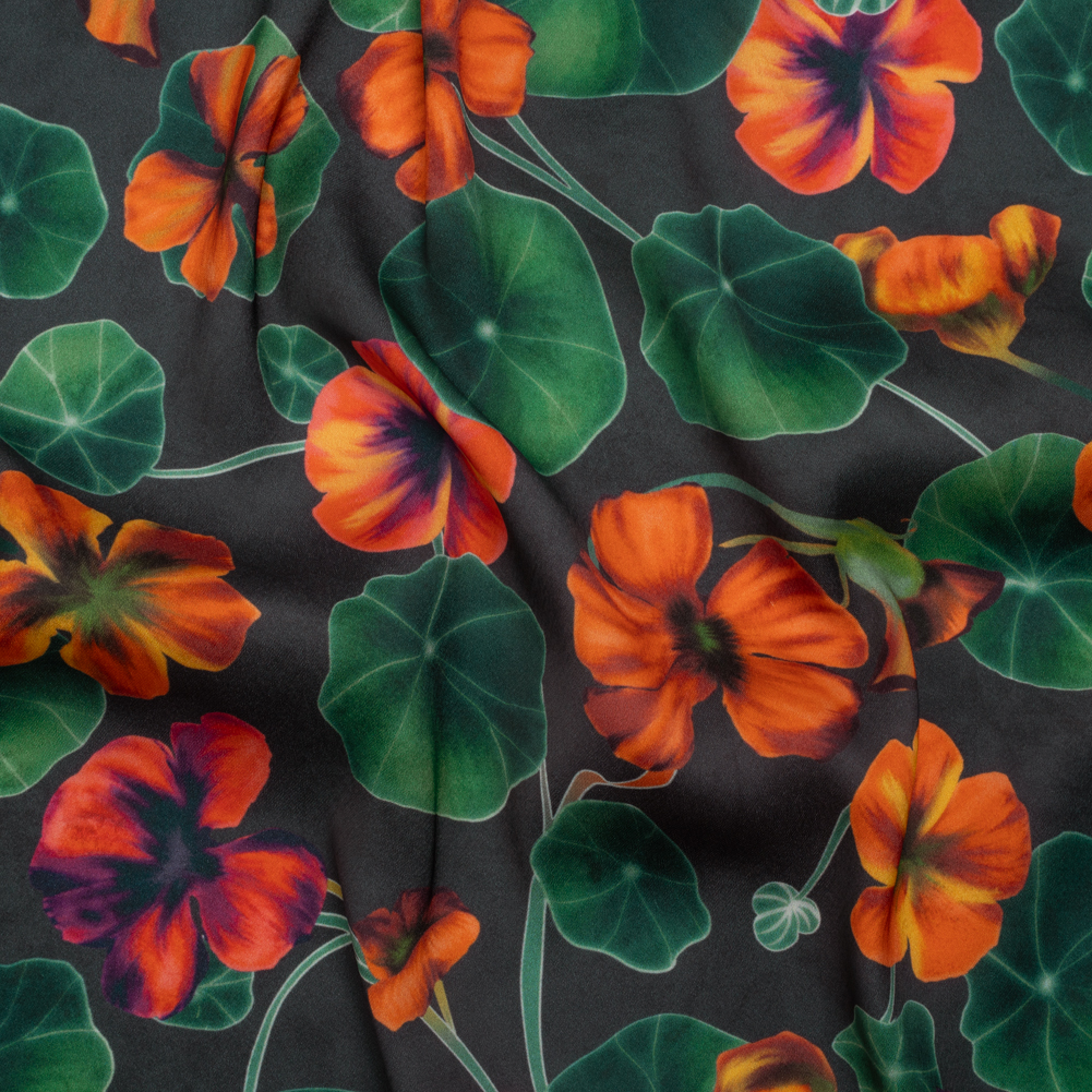 Polyester Crepe-Back Satin – Dark Green and Orange Flowers and Lily Pads – Mood Exclusive Climbing Crocus Print Polyester Crepe-Back Satin – Dark Green and Orange Flowers and Lily Pads – Mood Exclusive Climbing Crocus Print