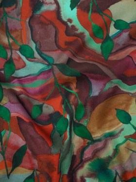 Linen and Rayon Woven – Wine Red and Green Painted Flowers and Leaves – Mood Exclusive Watercolor Wetland Print Linen and Rayon Woven – Wine Red and Green Painted Flowers and Leaves – Mood Exclusive Watercolor Wetland Print