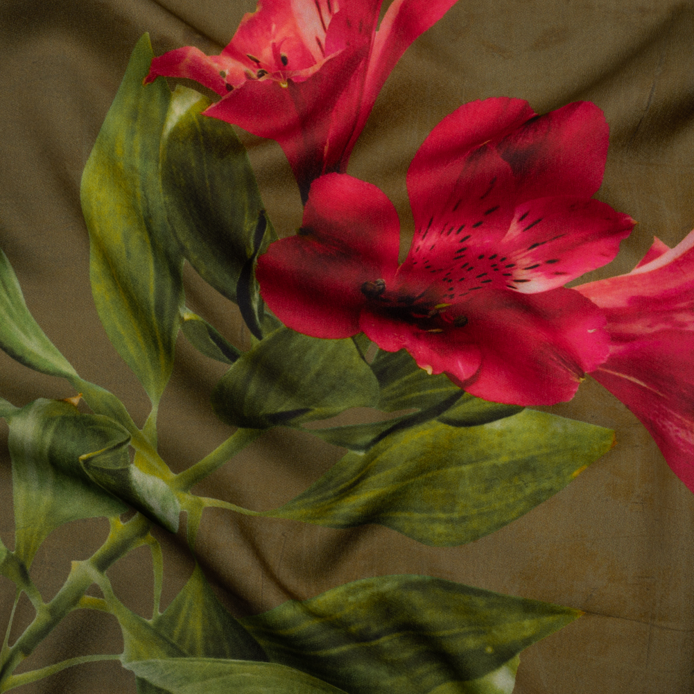 Polyester Crepe-Back Satin – Olive Green, Purple and Red Floral – Mood Exclusive Up Close and Blooming Print Polyester Crepe-Back Satin – Olive Green, Purple and Red Floral – Mood Exclusive Up Close and Blooming Print