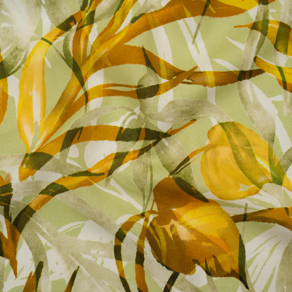 Linen and Rayon Woven – Matcha Green and Yellow Overlapping Leaves – Mood Exclusive Vine Vista Print Linen and Rayon Woven – Matcha Green and Yellow Overlapping Leaves – Mood Exclusive Vine Vista Print