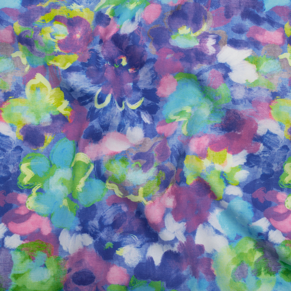 Peached Polyester Twill – Pink, Ultramarine and Lime Green Painted Flowers – Mood Exclusive Painted Posies Print Peached Polyester Twill – Pink, Ultramarine and Lime Green Painted Flowers – Mood Exclusive Painted Posies Print
