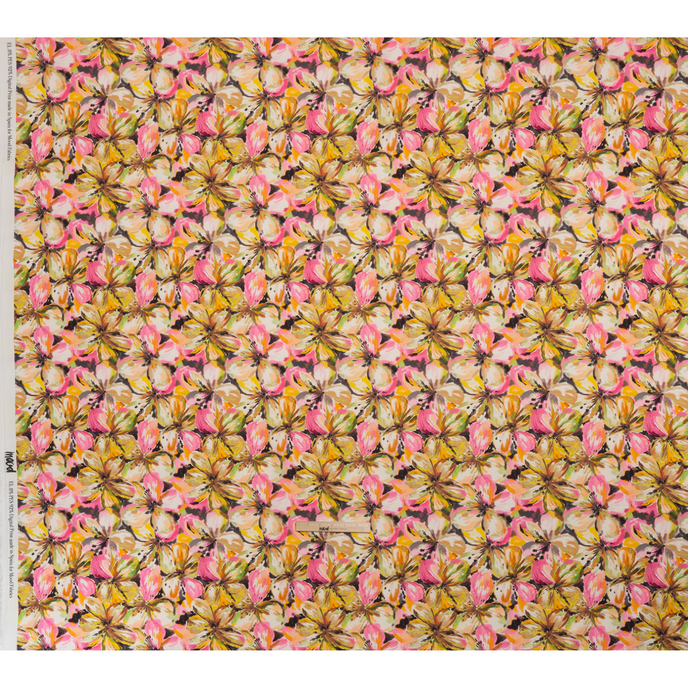 Peached Polyester Twill – Pink, Yellow and Black Watercolor Hibiscus – Mood Exclusive Hibiscus Haze Print Peached Polyester Twill – Pink, Yellow and Black Watercolor Hibiscus – Mood Exclusive Hibiscus Haze Print