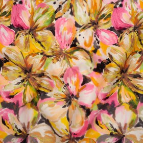 Peached Polyester Twill – Pink, Yellow and Black Watercolor Hibiscus – Mood Exclusive Hibiscus Haze Print Peached Polyester Twill – Pink, Yellow and Black Watercolor Hibiscus – Mood Exclusive Hibiscus Haze Print