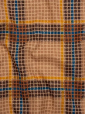 Peached Polyester Twill – Brown, Blue and Yellow Plaid – Mood Exclusive Plot Point Print Peached Polyester Twill – Brown, Blue and Yellow Plaid – Mood Exclusive Plot Point Print