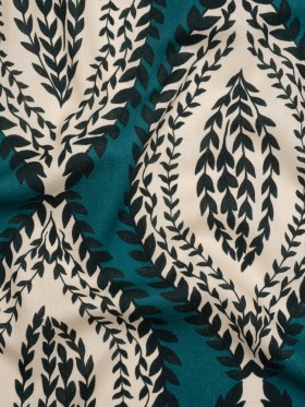 Linen and Rayon Woven – Teal, Navy and Cream Leafy Ogees – Mood Exclusive Lazy River Print Linen and Rayon Woven – Teal, Navy and Cream Leafy Ogees – Mood Exclusive Lazy River Print