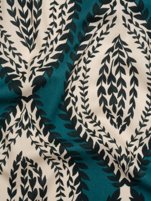 Linen and Rayon Woven – Teal, Navy and Cream Leafy Ogees – Mood Exclusive Lazy River Print Linen and Rayon Woven – Teal, Navy and Cream Leafy Ogees – Mood Exclusive Lazy River Print