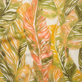 Linen and Rayon Woven – Green and Peach Tropical Leaves – Mood Exclusive Monsterosa Print Linen and Rayon Woven – Green and Peach Tropical Leaves – Mood Exclusive Monsterosa Print