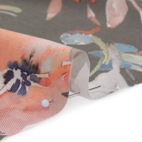 Peached Polyester Twill – Gray, Peach and Lilac Watercolor Flowers – Mood Exclusive Meadow Musings Print Peached Polyester Twill – Gray, Peach and Lilac Watercolor Flowers – Mood Exclusive Meadow Musings Print