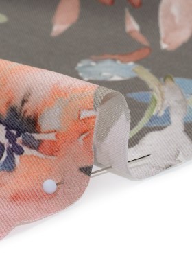 Peached Polyester Twill – Gray, Peach and Lilac Watercolor Flowers – Mood Exclusive Meadow Musings Print Peached Polyester Twill – Gray, Peach and Lilac Watercolor Flowers – Mood Exclusive Meadow Musings Print