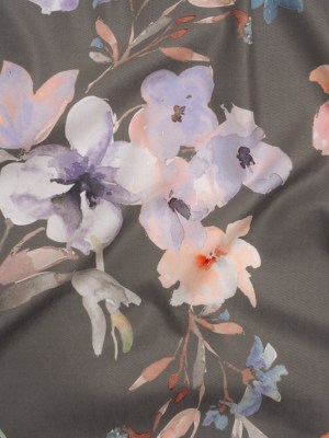 Peached Polyester Twill – Gray, Peach and Lilac Watercolor Flowers – Mood Exclusive Meadow Musings Print Peached Polyester Twill – Gray, Peach and Lilac Watercolor Flowers – Mood Exclusive Meadow Musings Print