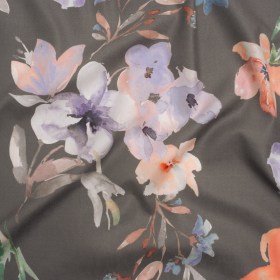 Peached Polyester Twill – Gray, Peach and Lilac Watercolor Flowers – Mood Exclusive Meadow Musings Print Peached Polyester Twill – Gray, Peach and Lilac Watercolor Flowers – Mood Exclusive Meadow Musings Print