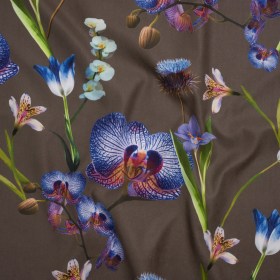 Peached Polyester Twill – Taupe, Blue and Green Orchids – Mood Exclusive Petal Reverie Print Peached Polyester Twill – Taupe, Blue and Green Orchids – Mood Exclusive Petal Reverie Print