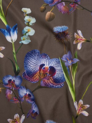 Peached Polyester Twill – Taupe, Blue and Green Orchids – Mood Exclusive Petal Reverie Print Peached Polyester Twill – Taupe, Blue and Green Orchids – Mood Exclusive Petal Reverie Print
