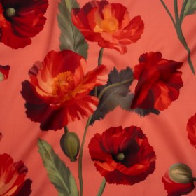 Peached Polyester Twill – Dark Pink, Green and Red Poppies and Leaves – Mood Exclusive A Portrait of Poppies Print Peached Polyester Twill – Dark Pink, Green and Red Poppies and Leaves – Mood Exclusive A Portrait of Poppies Print