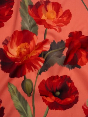 Peached Polyester Twill – Dark Pink, Green and Red Poppies and Leaves – Mood Exclusive A Portrait of Poppies Print Peached Polyester Twill – Dark Pink, Green and Red Poppies and Leaves – Mood Exclusive A Portrait of Poppies Print