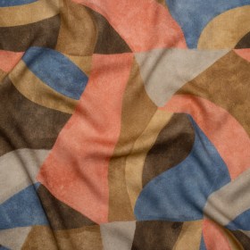 Viscose Crepe – Tan, Rose Coral and Muted Blue Abstract Shapes – Mood Exclusive Drifting Intentions Print Viscose Crepe – Tan, Rose Coral and Muted Blue Abstract Shapes – Mood Exclusive Drifting Intentions Print