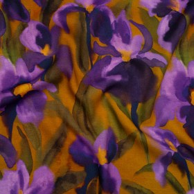 Viscose Crepe – Purple, Olive and Mustard Painted Iris Flowers – Mood Exclusive Sunset Sensations Print Viscose Crepe – Purple, Olive and Mustard Painted Iris Flowers – Mood Exclusive Sunset Sensations Print