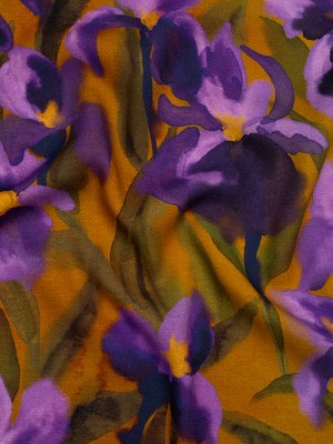 Viscose Crepe – Purple, Olive and Mustard Painted Iris Flowers – Mood Exclusive Sunset Sensations Print Viscose Crepe – Purple, Olive and Mustard Painted Iris Flowers – Mood Exclusive Sunset Sensations Print