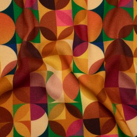 Viscose Crepe – Golden Yellow, Burnt Orange and Green Circles and Squares – Mood Exclusive Optical Illusions Print Viscose Crepe – Golden Yellow, Burnt Orange and Green Circles and Squares – Mood Exclusive Optical Illusions Print