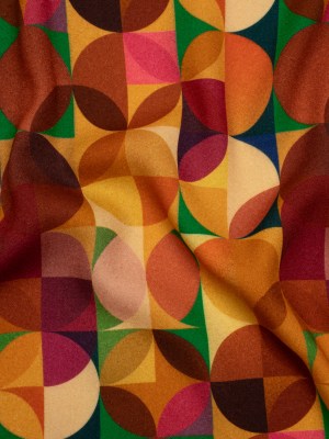 Viscose Crepe – Golden Yellow, Burnt Orange and Green Circles and Squares – Mood Exclusive Optical Illusions Print Viscose Crepe – Golden Yellow, Burnt Orange and Green Circles and Squares – Mood Exclusive Optical Illusions Print