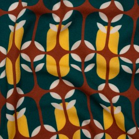 Viscose Crepe – Dark Teal, Yellow and Russet Brown Retro Geometric – Mood Exclusive Mod Logic Print Viscose Crepe – Dark Teal, Yellow and Russet Brown Retro Geometric – Mood Exclusive Mod Logic Print