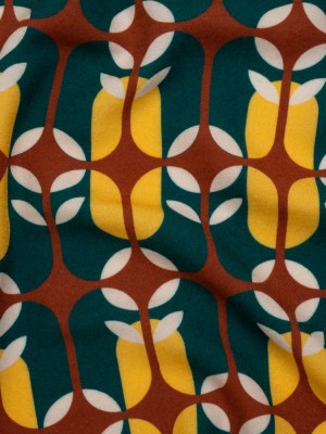 Viscose Crepe – Dark Teal, Yellow and Russet Brown Retro Geometric – Mood Exclusive Mod Logic Print Viscose Crepe – Dark Teal, Yellow and Russet Brown Retro Geometric – Mood Exclusive Mod Logic Print