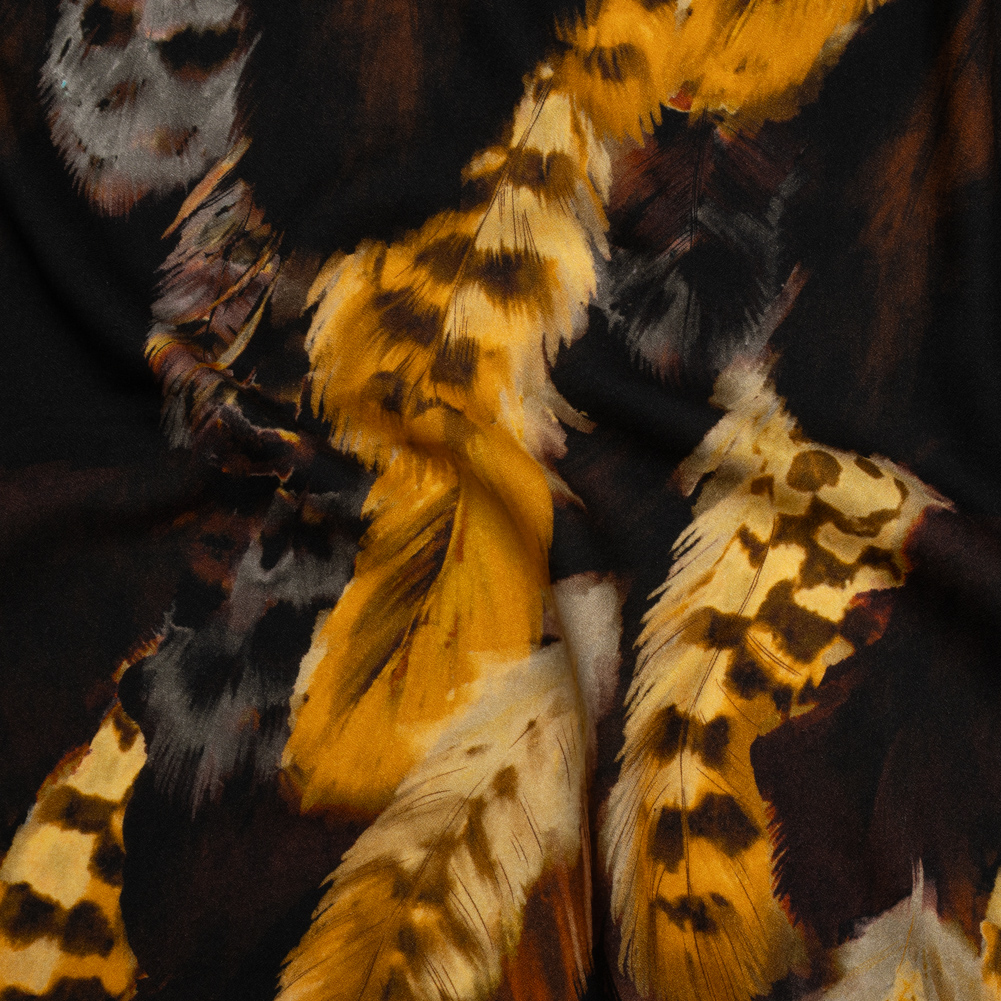 Viscose Crepe – Black, Dark Brown and Golden Yellow Feathers – Mood Exclusive Flight of Fire Print Viscose Crepe – Black, Dark Brown and Golden Yellow Feathers – Mood Exclusive Flight of Fire Print