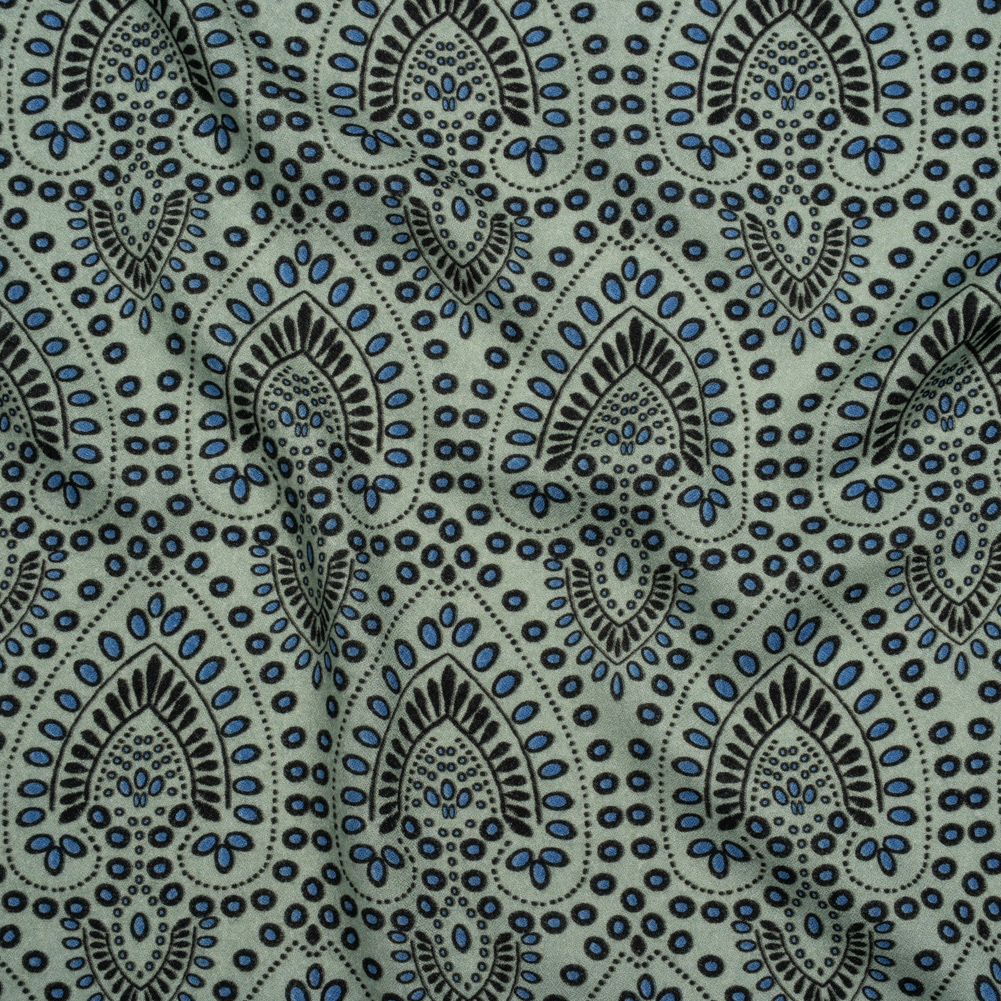 Viscose Crepe – Aqua, Blue and Black Anthemion Paisley – Mood Exclusive Gilded Garland Print Viscose Crepe – Aqua, Blue and Black Anthemion Paisley – Mood Exclusive Gilded Garland Print