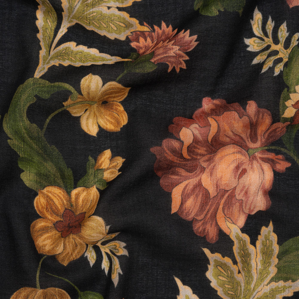Cotton Crepe – Black, Dark Red and Golden Ochre Moody Florals – Mood Exclusive Rose Renaissance Print Cotton Crepe – Black, Dark Red and Golden Ochre Moody Florals – Mood Exclusive Rose Renaissance Print