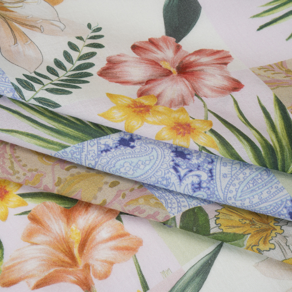 Cotton Crepe – Pink, Yellow and Blue Floral and Paisley Patchwork – Mood Exclusive Tropical Tapestry Print Cotton Crepe – Pink, Yellow and Blue Floral and Paisley Patchwork – Mood Exclusive Tropical Tapestry Print