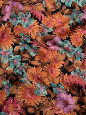Rayon Challis – Brown, Purple and Blue Green Painted Flowers – Mood Exclusive Watercolor Wonderland Print Rayon Challis – Brown, Purple and Blue Green Painted Flowers – Mood Exclusive Watercolor Wonderland Print