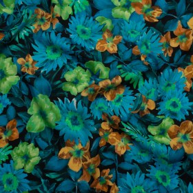 Rayon Challis – Blue, Green and Gold Painted Flowers – Mood Exclusive Watercolor Wonderland Print Rayon Challis – Blue, Green and Gold Painted Flowers – Mood Exclusive Watercolor Wonderland Print