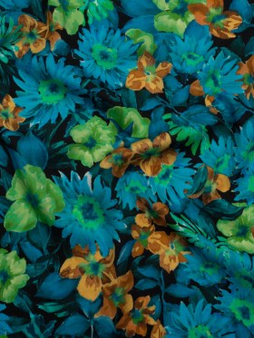 Rayon Challis – Blue, Green and Gold Painted Flowers – Mood Exclusive Watercolor Wonderland Print Rayon Challis – Blue, Green and Gold Painted Flowers – Mood Exclusive Watercolor Wonderland Print