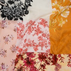 Cotton Crepe – Orange, Pink and Cream Floral Patchwork – Mood Exclusive Bloom Block Party Print Cotton Crepe – Orange, Pink and Cream Floral Patchwork – Mood Exclusive Bloom Block Party Print