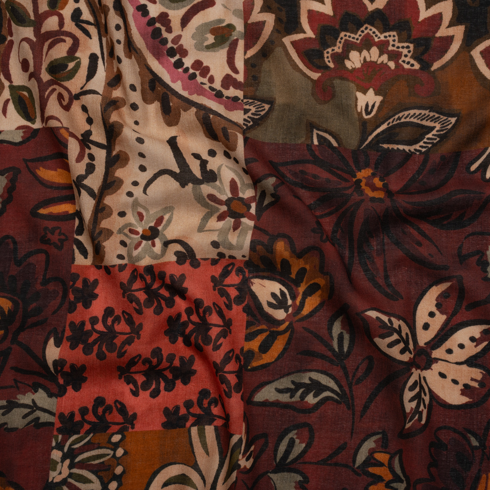 Cotton Crepe – Burgundy, Burnt Orange and Beige Floral Patchwork – Mood Exclusive Bordeaux Blossoms Print Cotton Crepe – Burgundy, Burnt Orange and Beige Floral Patchwork – Mood Exclusive Bordeaux Blossoms Print