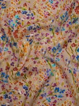 Cotton Crepe – Taupe and Rainbow Painted Flowers – Mood Exclusive Prismatic Petals Print Cotton Crepe – Taupe and Rainbow Painted Flowers – Mood Exclusive Prismatic Petals Print