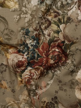 Cotton Crepe – Dusty Olive, Red and Teal Blue Vintage Floral – Mood Exclusive Baroque Blooms Print Cotton Crepe – Dusty Olive, Red and Teal Blue Vintage Floral – Mood Exclusive Baroque Blooms Print